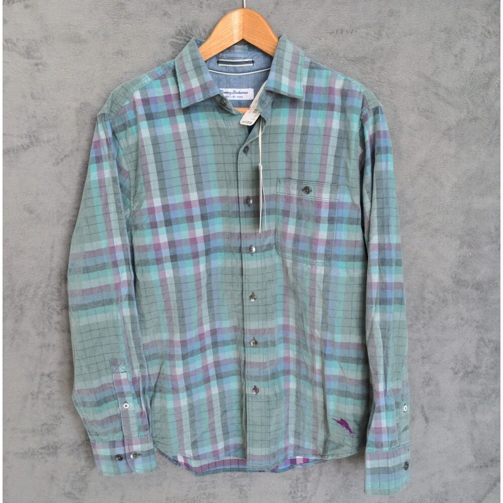 Tommy Bahama Coastline Cord Long Sleeve Shirt Mens Small Green Check Button Down